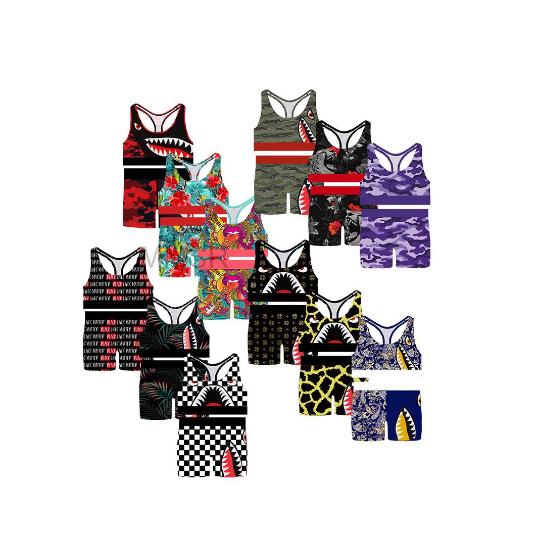 2 pieces set printing polyester spandex sport bra boxer shorts for women