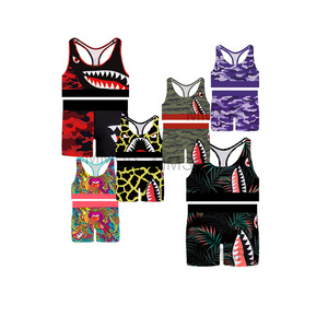 2 pieces set printing polyester spandex sport bra boxer shorts for women