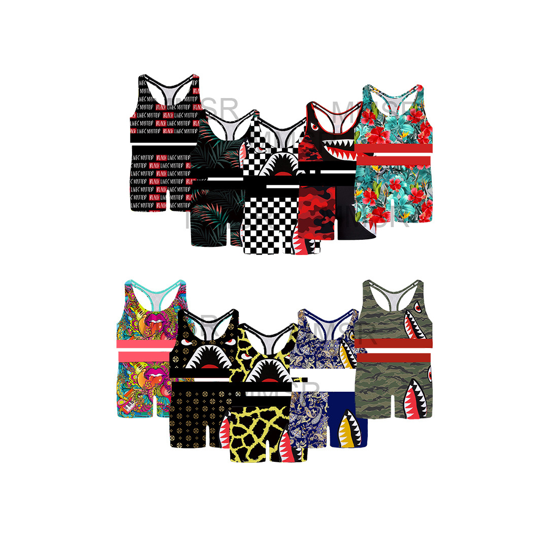 2 pieces set printing polyester spandex sport bra boxer shorts for women