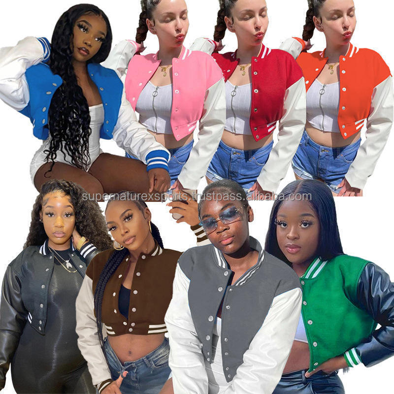 Fall Winter Women's Custom Logo Crop Top Bomber Baseball Jacket Women Patchwork Long Sleeve Blank Letterman Varsity Jacket Woman