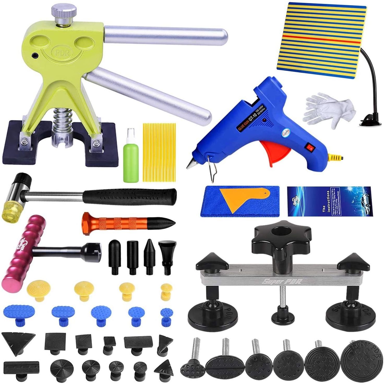 Super PDR 51pcs Car Body Dent Paint less Repair Kits, Dent Bridge Dent Puller PDR Tools with Hot Melt Glue Gun