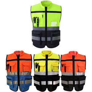 custom logo high visible hi vis yellow orange reflective construction traffic work wear safety vest with multi pockets ID window