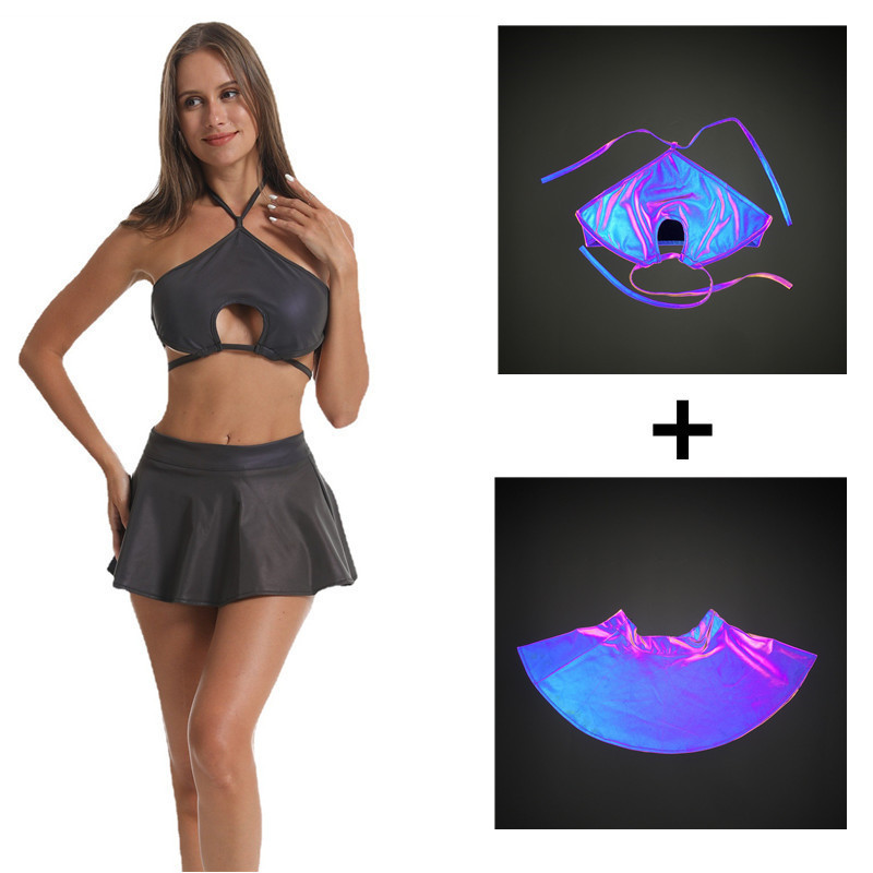 hi vis female 3 piece set high visible reflective top bikini skirt underwear split swim suit nightclub stage performance clothes