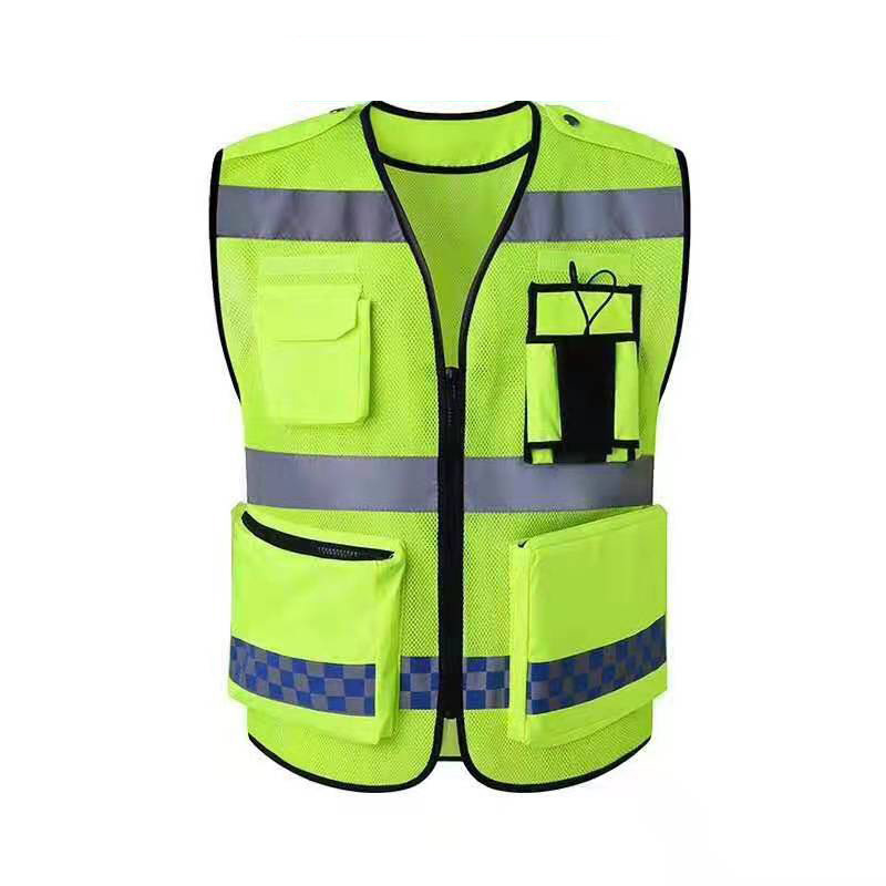 custom logo print ce class 2 standard polyester traffic safety reflective vest jacket with pockets hi vis strap for advertising