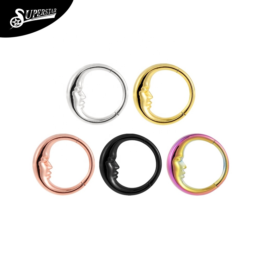 wholesale sleeping moon 18k nose rings women piercing jewelry fashion 316L stainless steel hinged segment clicker ring septum