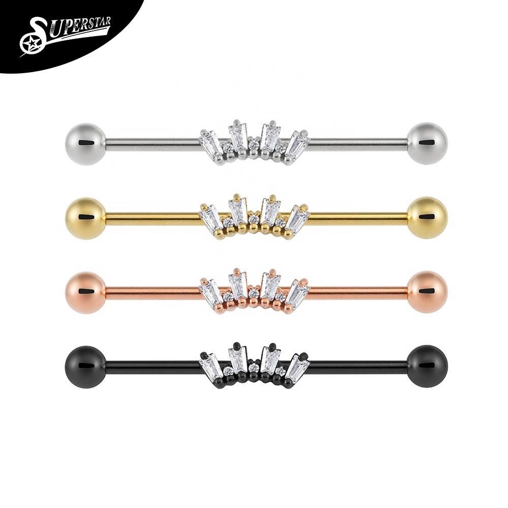 Superstar Custom 316L stainless steel industrial barbell accessories prong setting 3A white zircon PVD body piercing jewelry