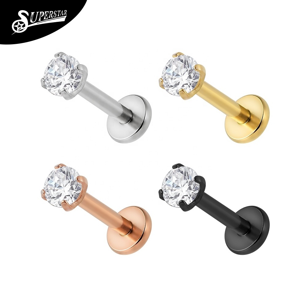 Superstar Custom G23 titanium externally threaded labret prong setting round zircon polishing PVD body piercing jewelry lip stud