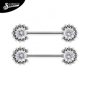 Superstar custom G23 titanium threadless nipple ring 2 large 3A white zircons welded 22 balls body piercing jewelry