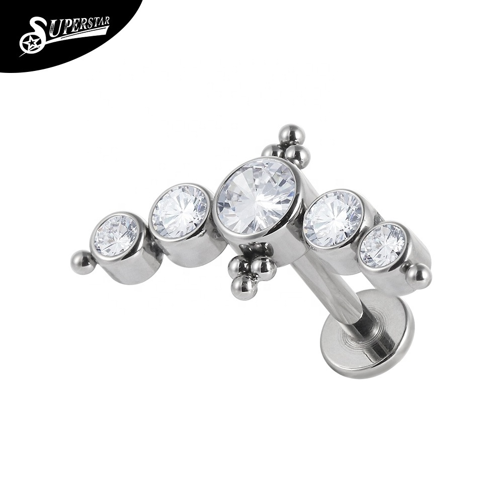 Superstar Custom ASTM F136 titanium inlay 5 zircon bezel soldered beads lip stud pierced jewelry internally threaded labret