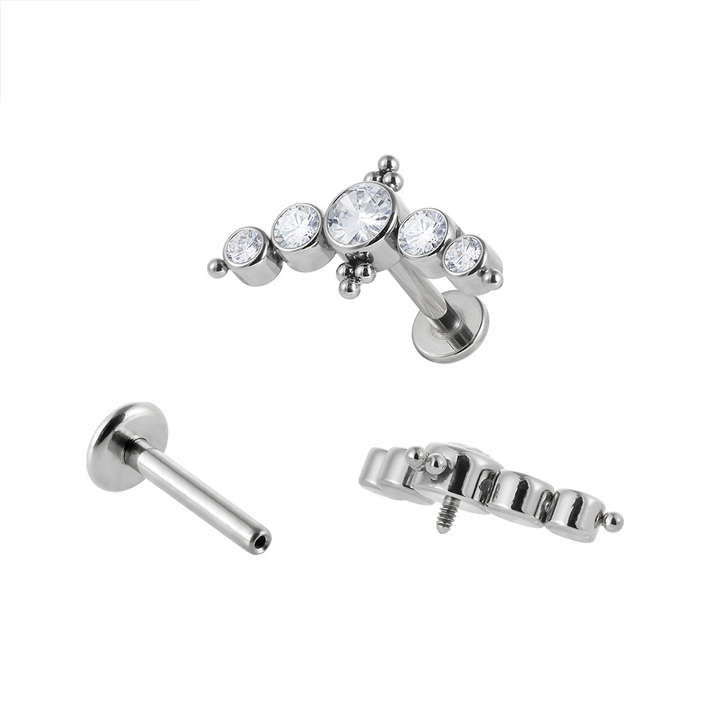 Superstar Custom ASTM F136 titanium inlay 5 zircon bezel soldered beads lip stud pierced jewelry internally threaded labret