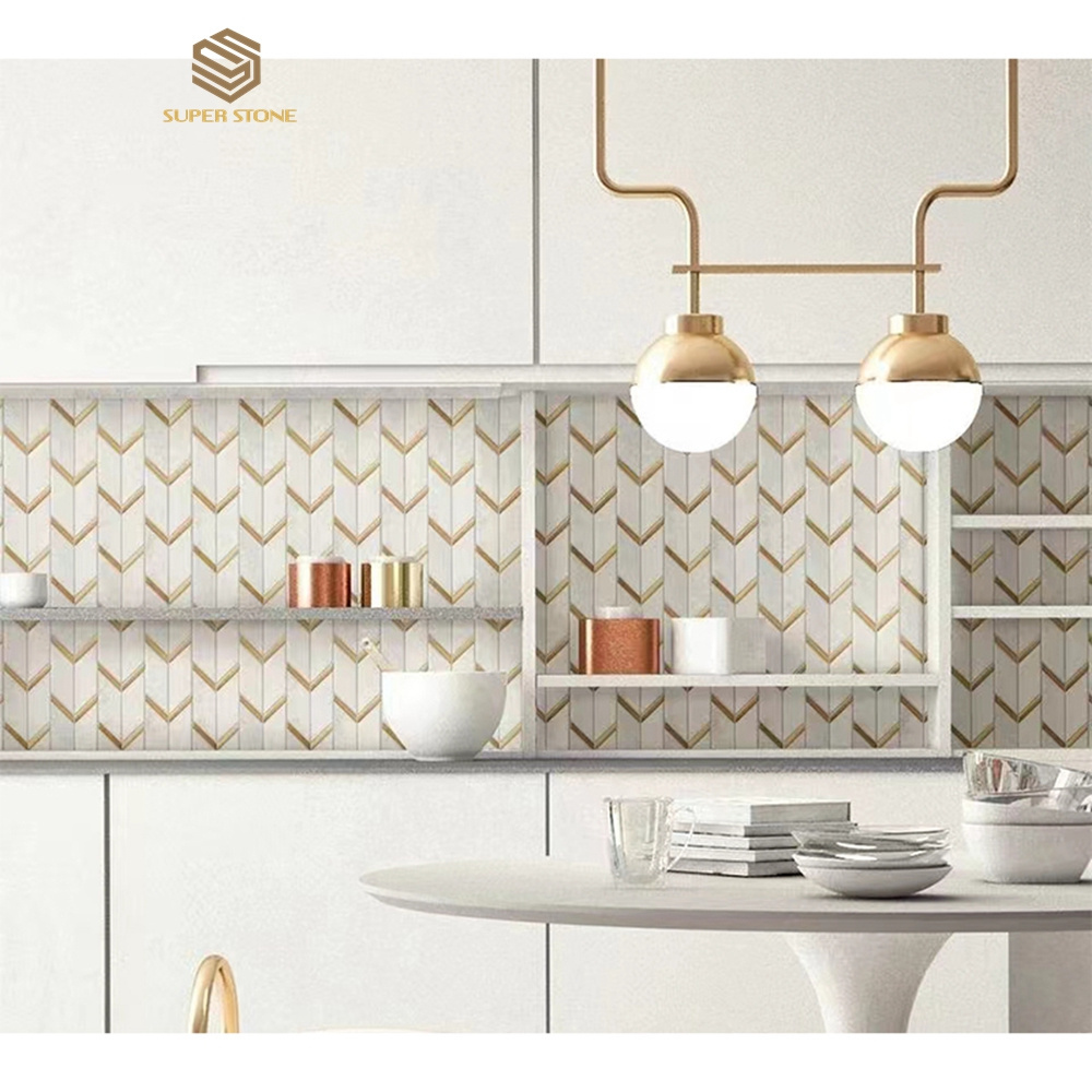 Dolomite White marble metal mixed herringbone mosaic and gold metal arrow art mosaic deco tile backsplash