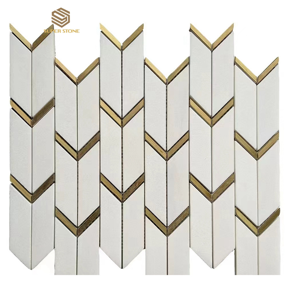 Dolomite White marble metal mixed herringbone mosaic and gold metal arrow art mosaic deco tile backsplash