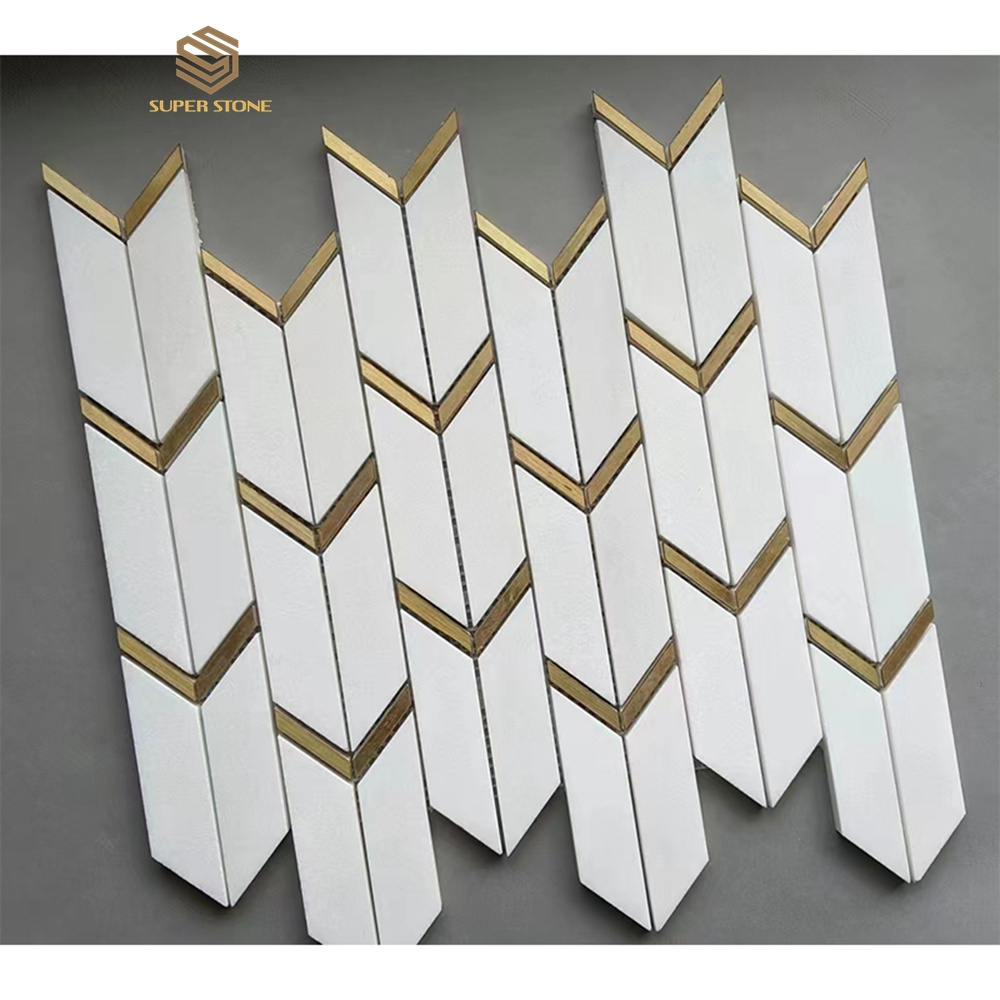 Dolomite White marble metal mixed herringbone mosaic and gold metal arrow art mosaic deco tile backsplash