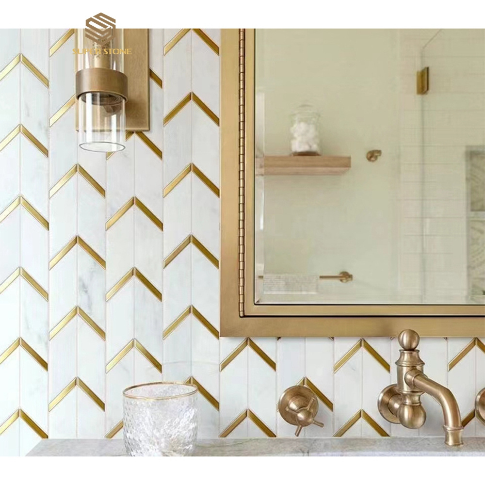 Dolomite White marble metal mixed herringbone mosaic and gold metal arrow art mosaic deco tile backsplash