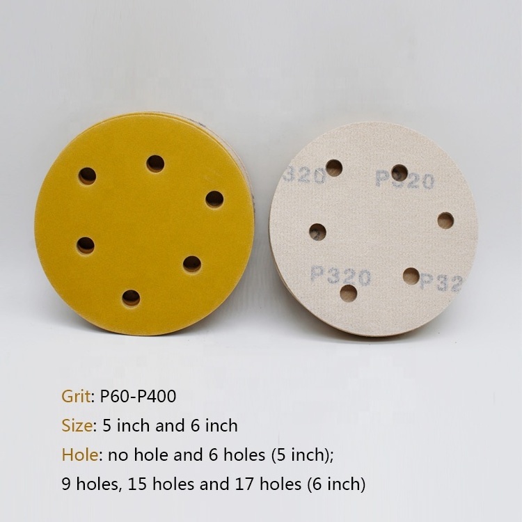 Grinding Car Metal Wood Round Yellow Grinding Self Abrasive Lijas Sandpaper Disc Orbital Sanding Discs 150mm 6 Hole Sandpaper