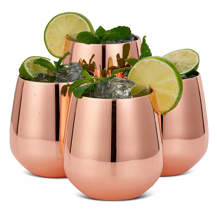 Portable Unbreakable Rose Gold Copper Metal Straws 17oz 4 Stemless Stainless Steel Wine Tumbler Glasses for Travel Camping Outdo