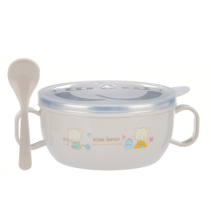 Cute Stainless Steel Food Bowl with Lid and Spoon Food Storage Small Hot-proof Lunch Box with Handle for Kids