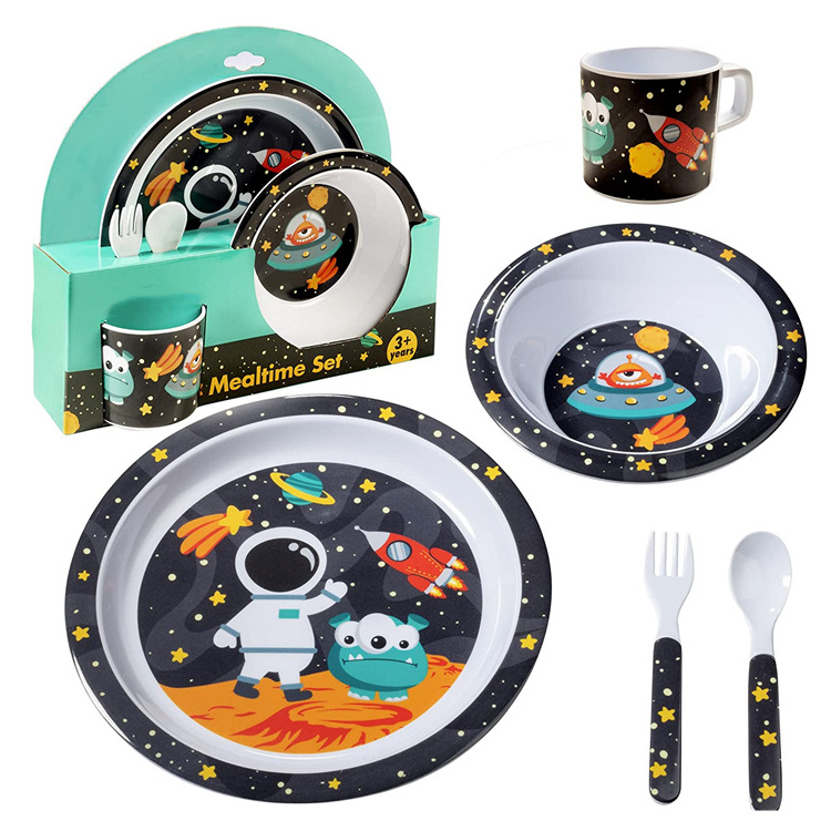 BPA Free and Dishwasher Safe Space Pattern 5 PIece Children dinnerware Set Melamine Unbreakable Dishes Bowl Kids Dinnerware