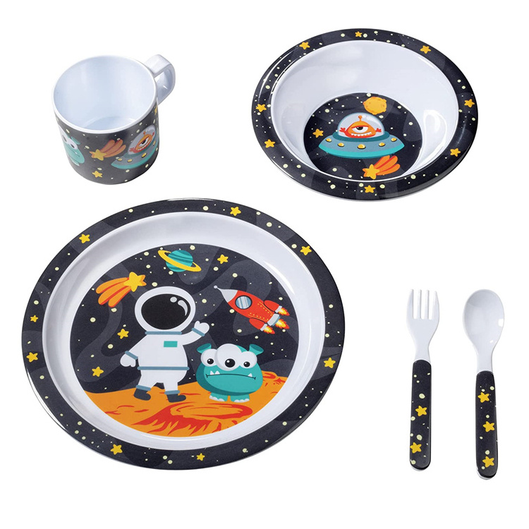 BPA Free and Dishwasher Safe Space Pattern 5 PIece Children dinnerware Set Melamine Unbreakable Dishes Bowl Kids Dinnerware