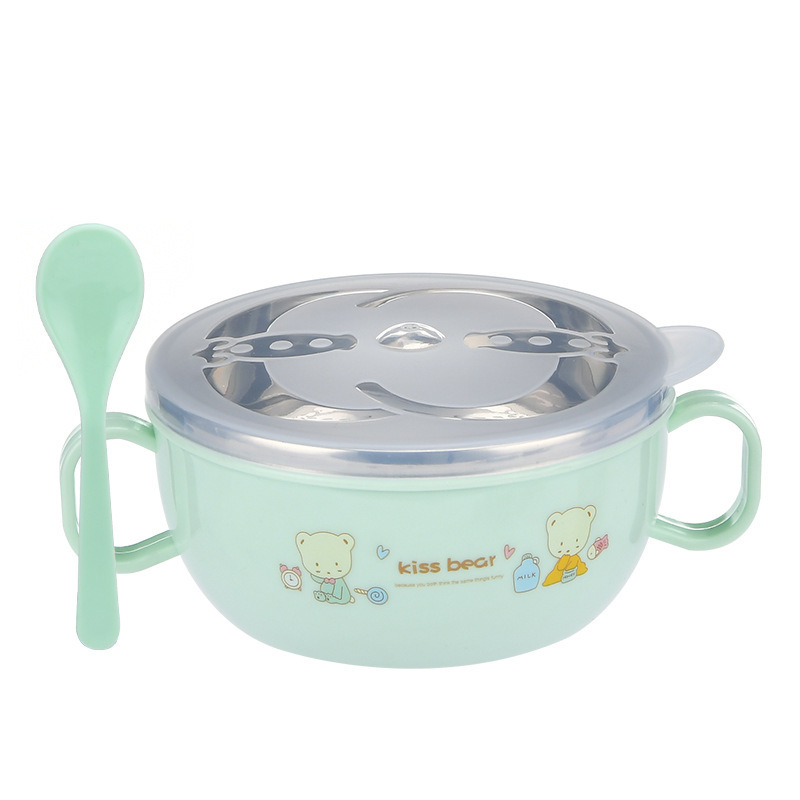 Cute Stainless Steel Food Bowl with Lid and Spoon Food Storage Small Hot-proof Lunch Box with Handle for Kids