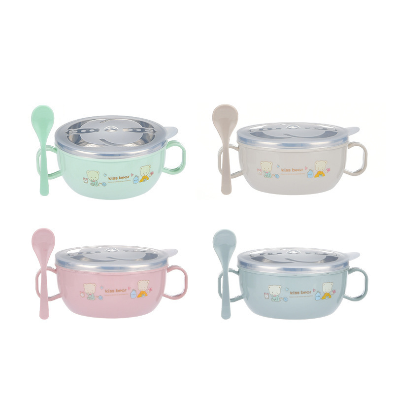 Cute Stainless Steel Food Bowl with Lid and Spoon Food Storage Small Hot-proof Lunch Box with Handle for Kids