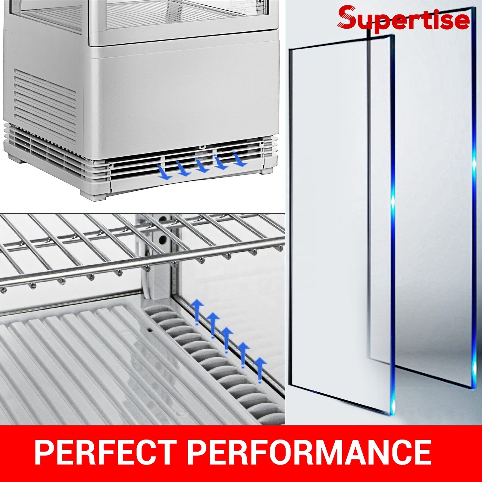 Supertise Counter top four sided glass cooler, glass cabinet show case backery display fridge /cold beverage chiller