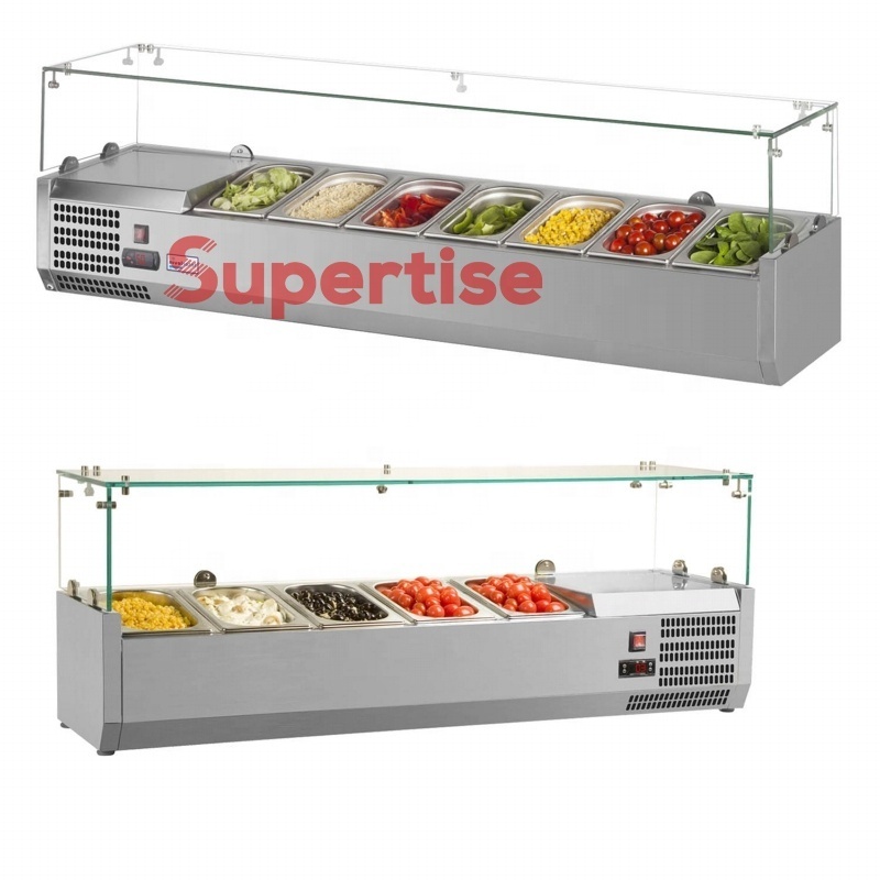 Countertop Condiment Refrigerated Prep Station, Pizza and Salad prep table with Glass Sneeze Guard