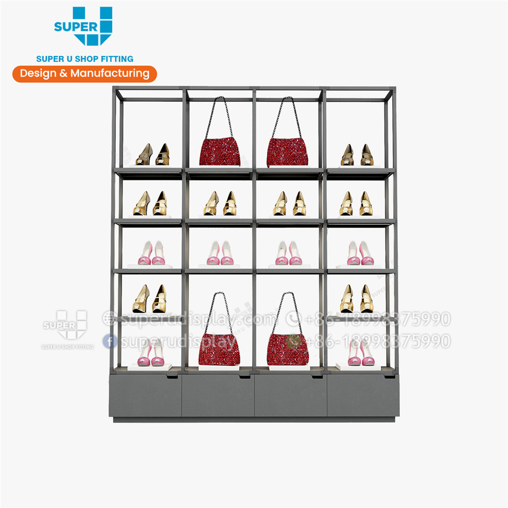 Tailor Made Mall Bag Showcase Boutique Wall Metal Shoes Handbag Rack Retail Wood Showroom Store Fixtures Display Case Bag Shelf