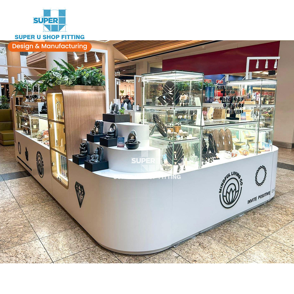 Customized 3D Crystal Mall Kiosk Ideas Wooden Mineral Kiosk Design Glass Jewelry Store Display Showcase for Retail Shop