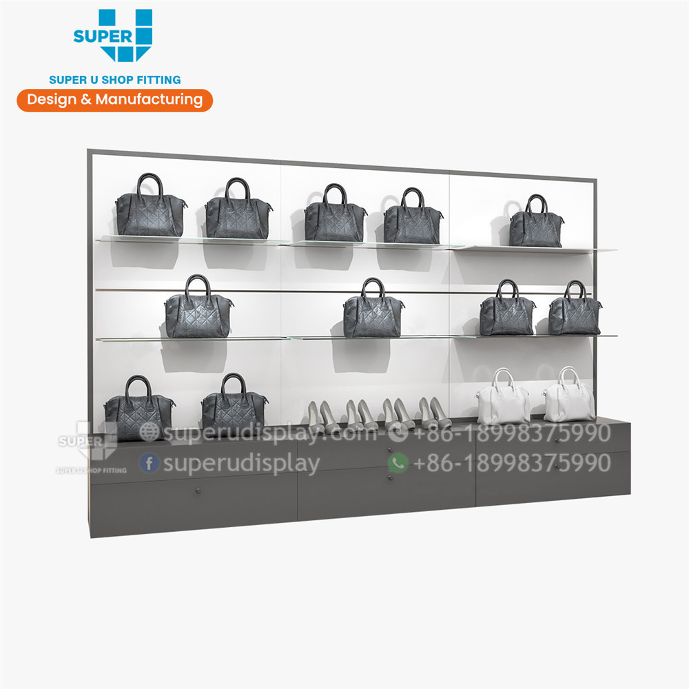 Custom Wall Mount Glass Handbags Display Shelving Rack Glass Store Fixtures Backlit Boutique Fashion Shop MDF Bag Display Shelf