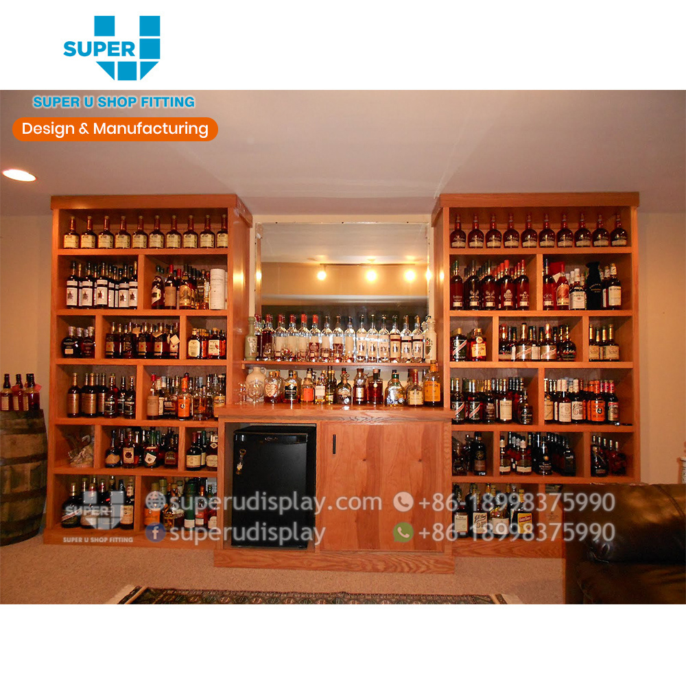 Wine Shelf Display Small Retail Shop Interior Design Floor Standing Wood Shelving For Whisky Shops