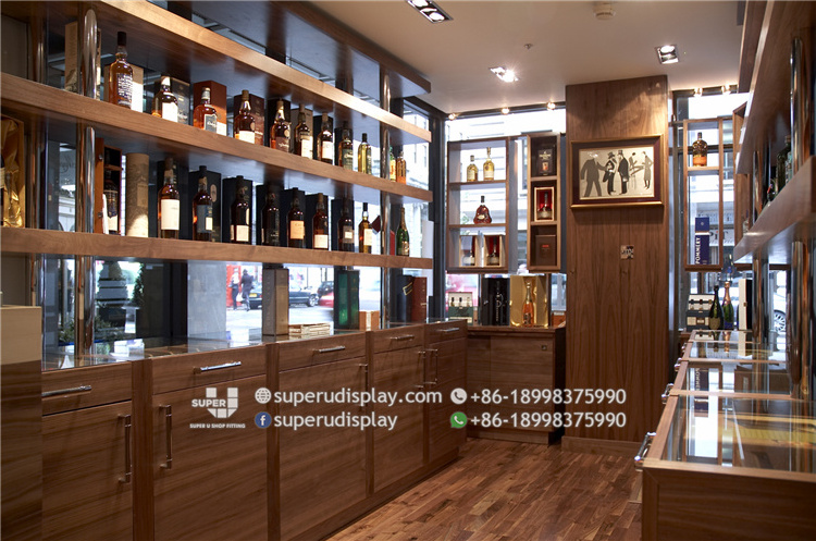 Wine Shelf Display Small Retail Shop Interior Design Floor Standing Wood Shelving For Whisky Shops