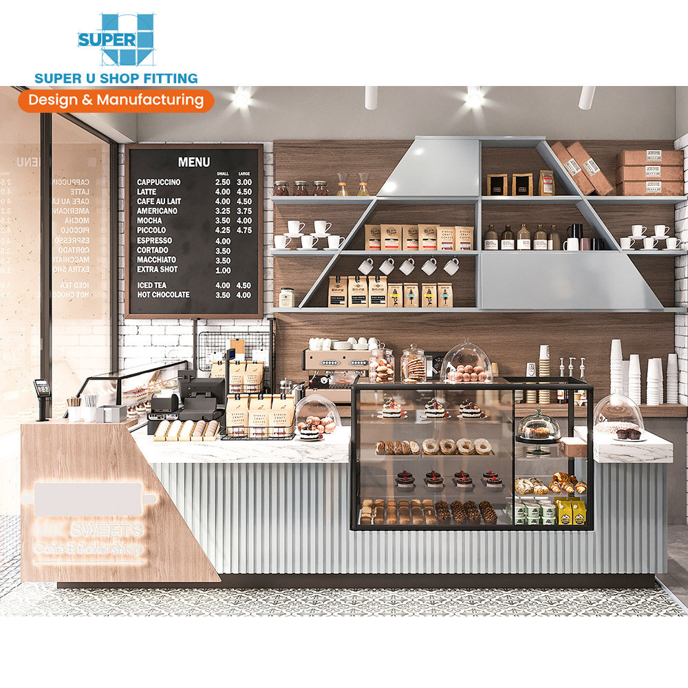 Custom Cafe Shop Furniture Design Trendy Wooden Bakery Shop Fitting Modern Coffee Shop Bar Counter for Sweets