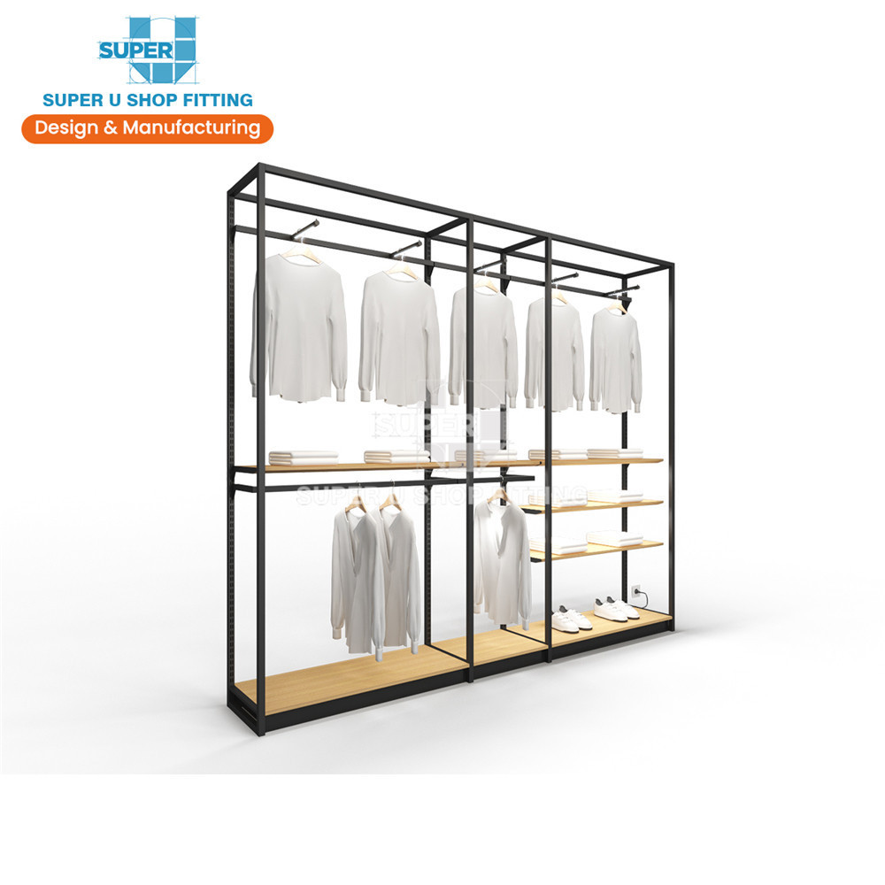 Retail Wall Clothing Display Rack System Metal Boutique Display Shelf Rack Wooden Shop Furniture LED Light Retail Display Rack