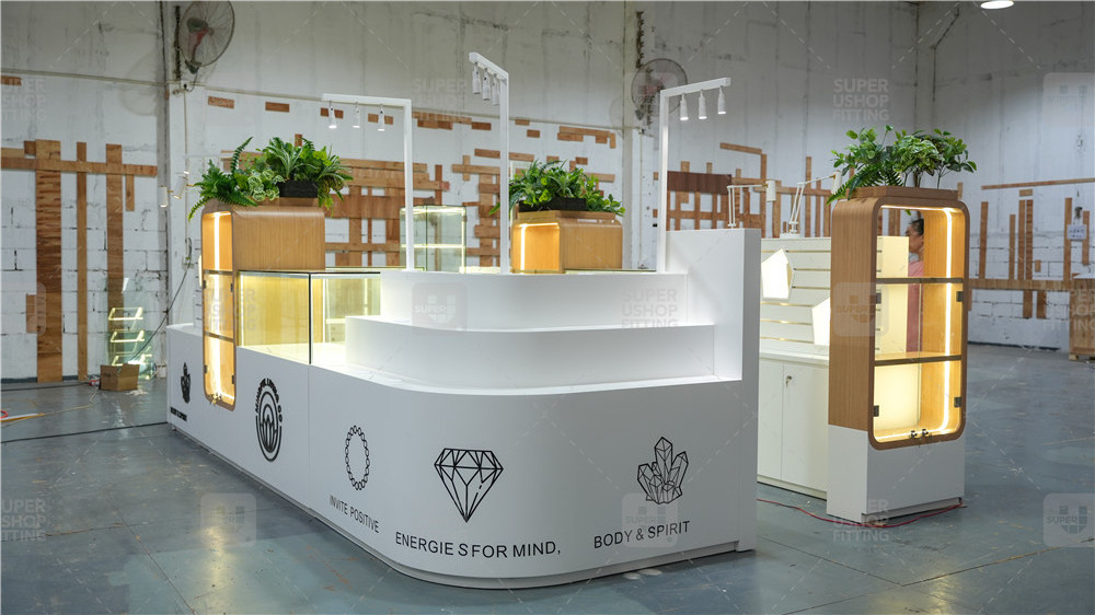 Customized Wooden Mineral Store Showcase Kiosk Design 3D Crystal Mall Kiosk Ideas Glass Jewelry Display for Retail Shop