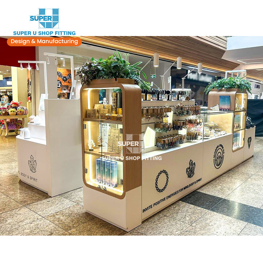 Customized 3D Crystal Mall Kiosk Ideas Wooden Mineral Store Furniture Glass Jewelry Showcase Display Cabinet for Retail Shop