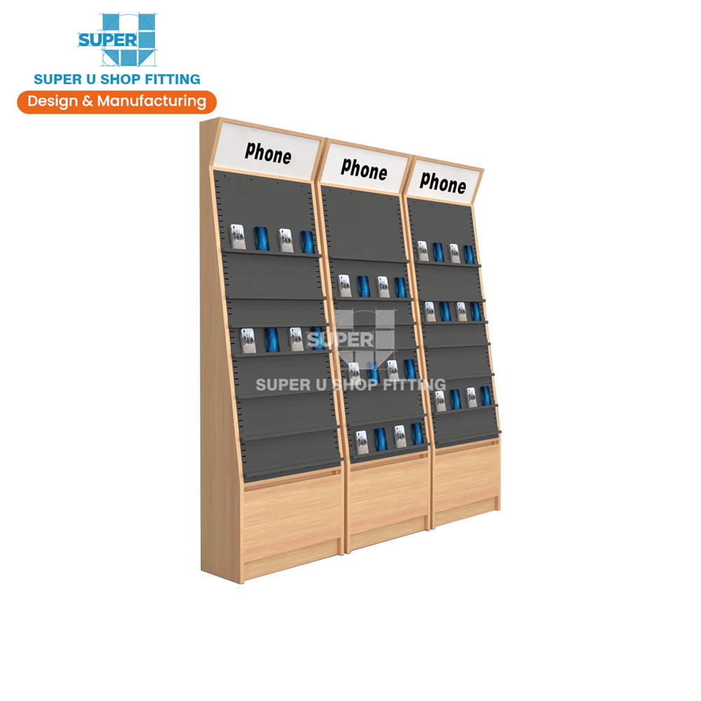 Floor Standing Wall Cellphone Case Metal Display Rack Mobile Phones Accessories Showcase Wooden Mobile Phone Case Display