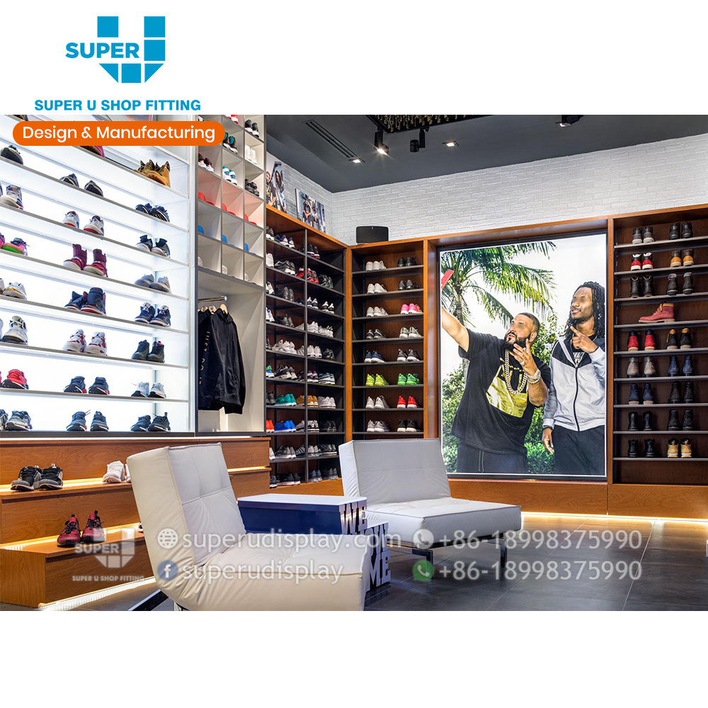 Interior Design Sports Shoes Shop Creative Display Top Quality Free Standing Sport Shoes Display Wall Shelf Design