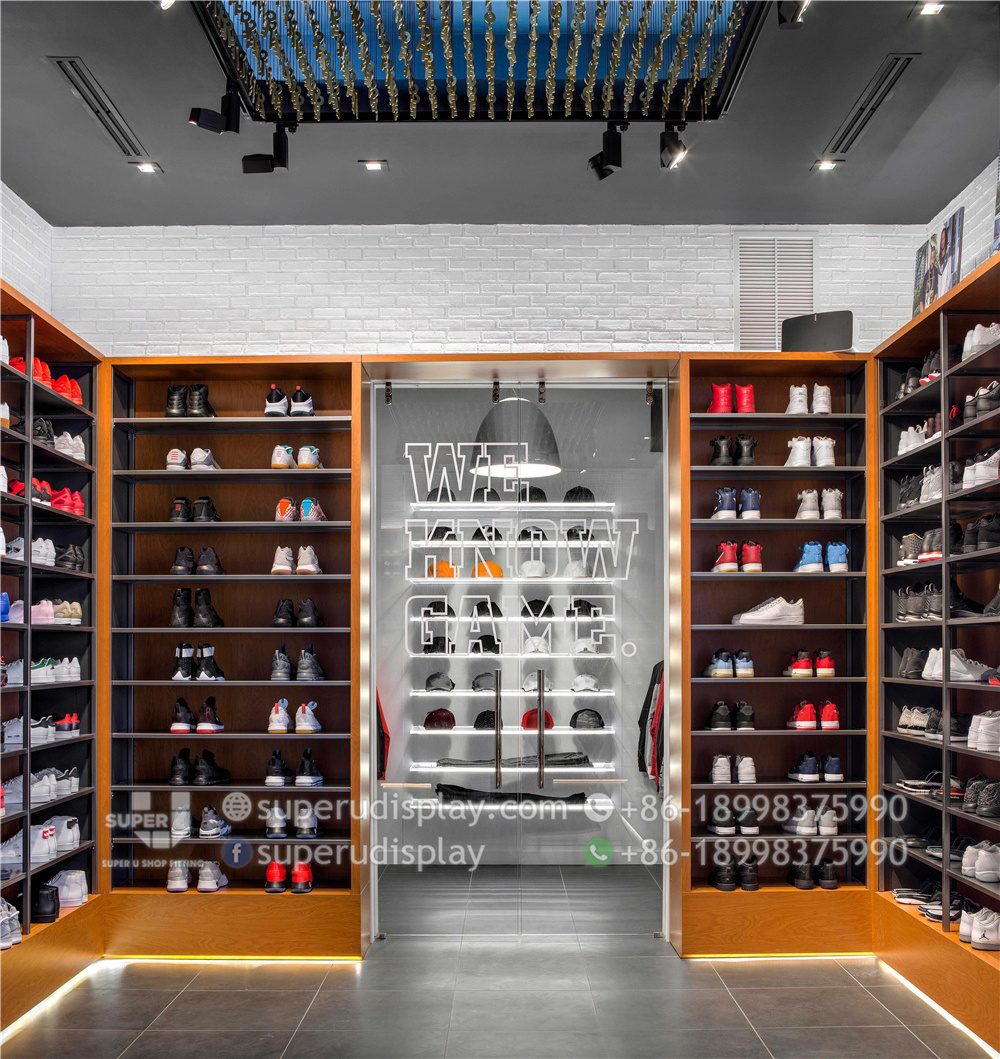 Interior Design Sports Shoes Shop Creative Display Top Quality Free Standing Sport Shoes Display Wall Shelf Design