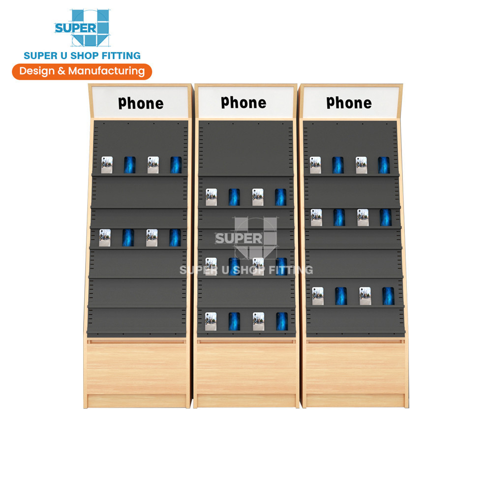 Floor Standing Wall Cellphone Case Metal Display Rack Mobile Phones Accessories Showcase Wooden Mobile Phone Case Display