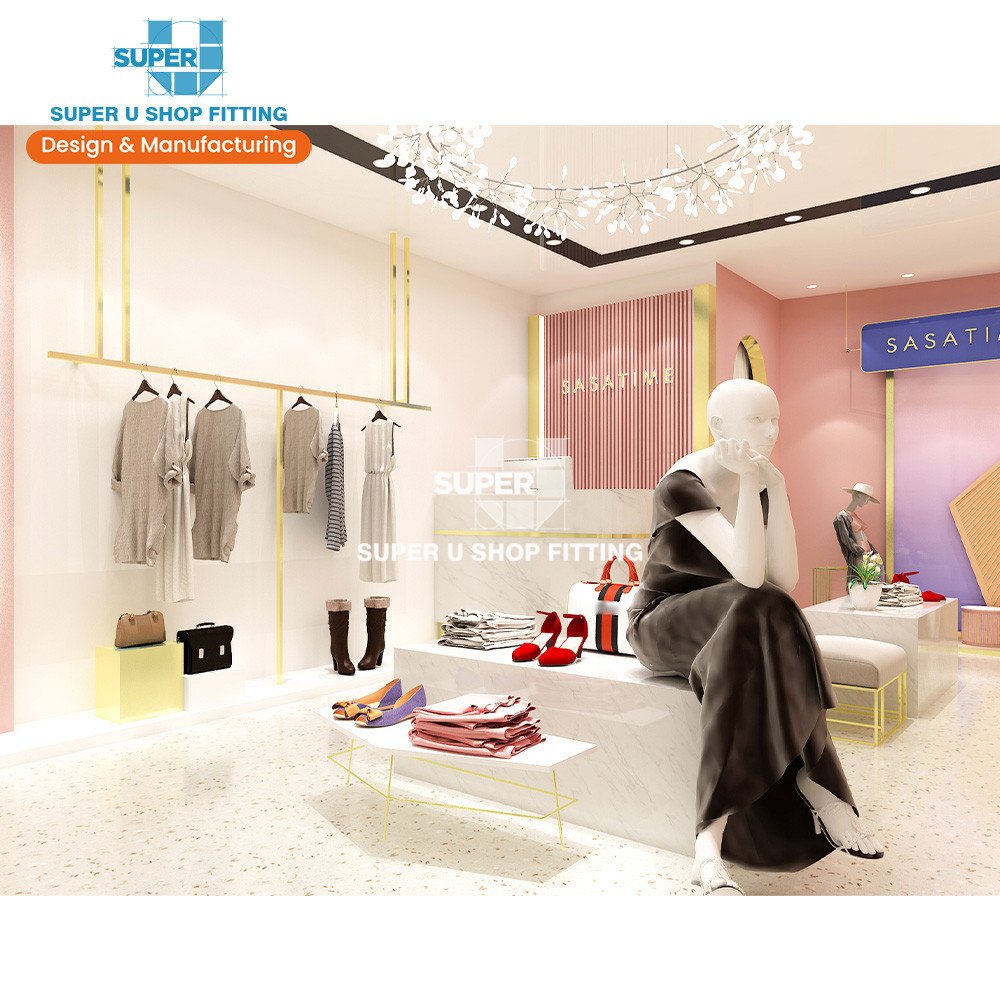 Hot Fashion Girl Clothing Store Interior Design Custom Gold Boutique Display Rack for Garment