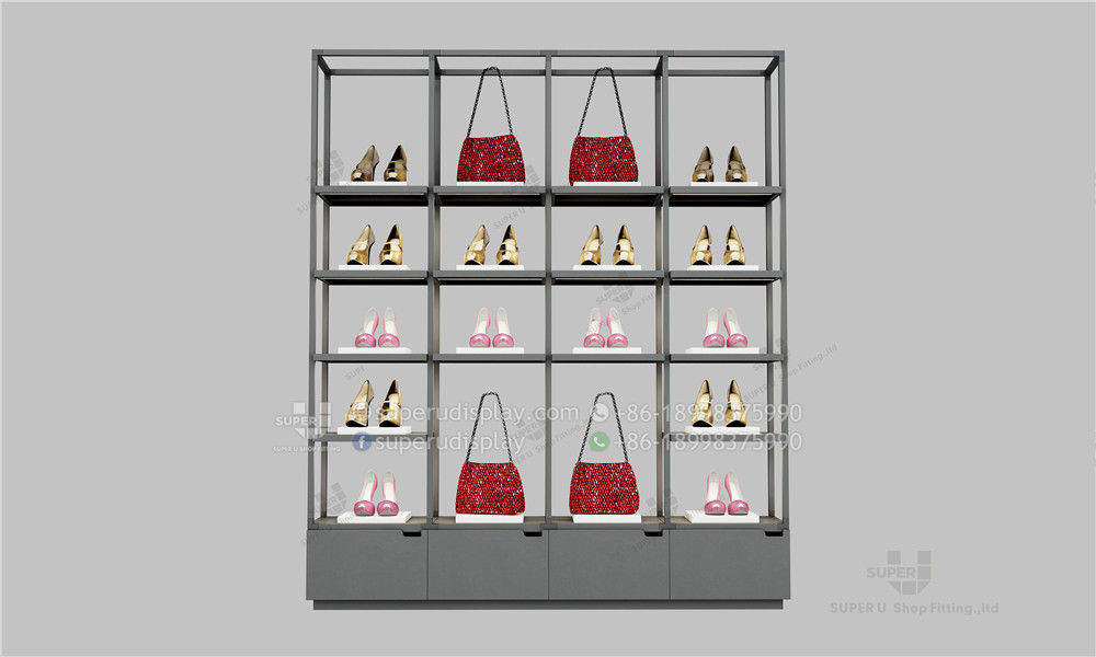 Tailor Made Mall Bag Showcase Boutique Wall Metal Shoes Handbag Rack Retail Wood Showroom Store Fixtures Display Case Bag Shelf