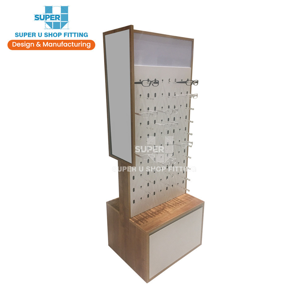 Floor Wooden MDF Eyewear Display Stand LED Light Rotating Eyeglass Spectacles Glasses Holder Display Sunglasses Display Rack