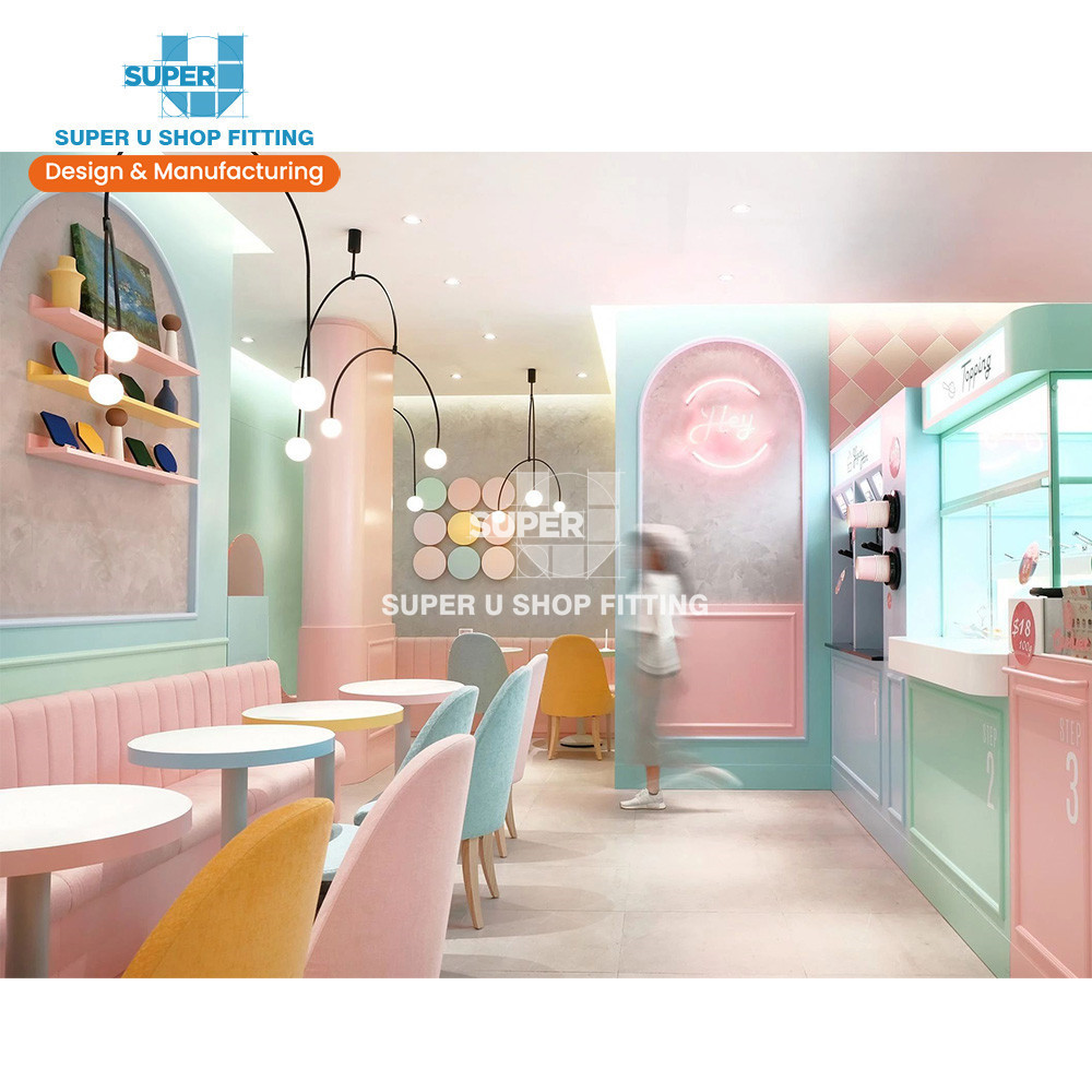 Pink Confectionery Store Fixtures Decoration Custom Yogurt Shop Display Furniture Bespoke Ice Cream Shop Interior Design