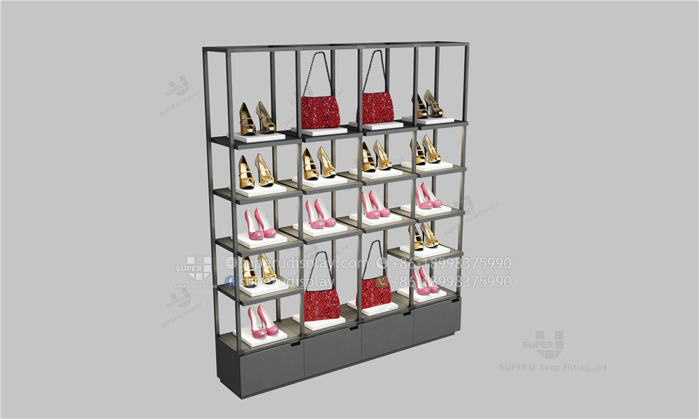 Tailor Made Mall Bag Showcase Boutique Wall Metal Shoes Handbag Rack Retail Wood Showroom Store Fixtures Display Case Bag Shelf