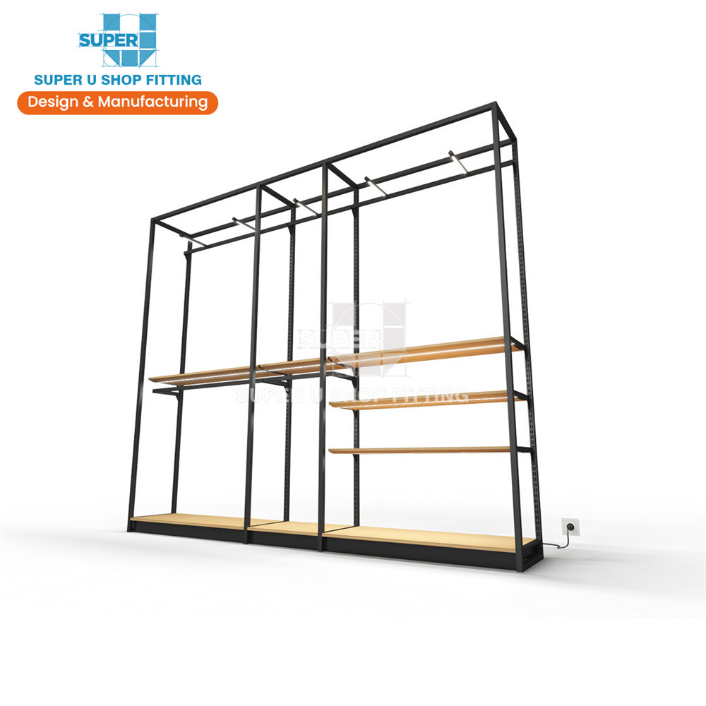 Retail Wall Clothing Display Rack System Metal Boutique Display Shelf Rack Wooden Shop Furniture LED Light Retail Display Rack