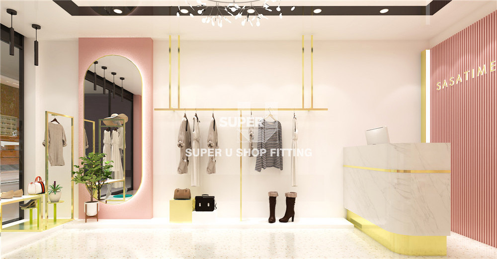 Hot Fashion Girl Clothing Store Interior Design Custom Gold Boutique Display Rack for Garment