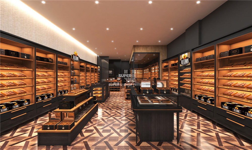 Bespoke Wooden Tobacco Display Cabinet Custom Led Lighting Cigar Shop Fitting Furniture Wholesale Smoke Cigar Shop Design