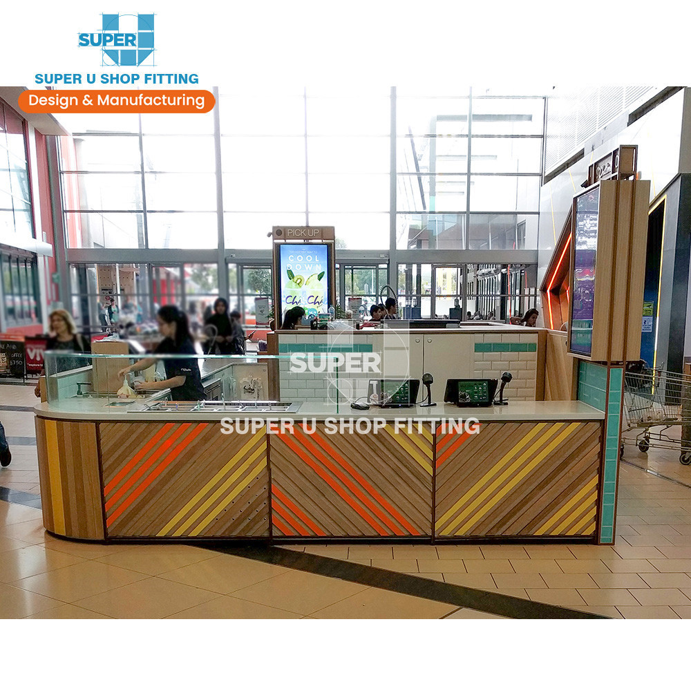 Hot Shopping Mall Boba Tea Shop Kiosk Decoration Custom Solid Wood Milk Tea Shop Counter Design Bubble Tea Kiosk Furniture