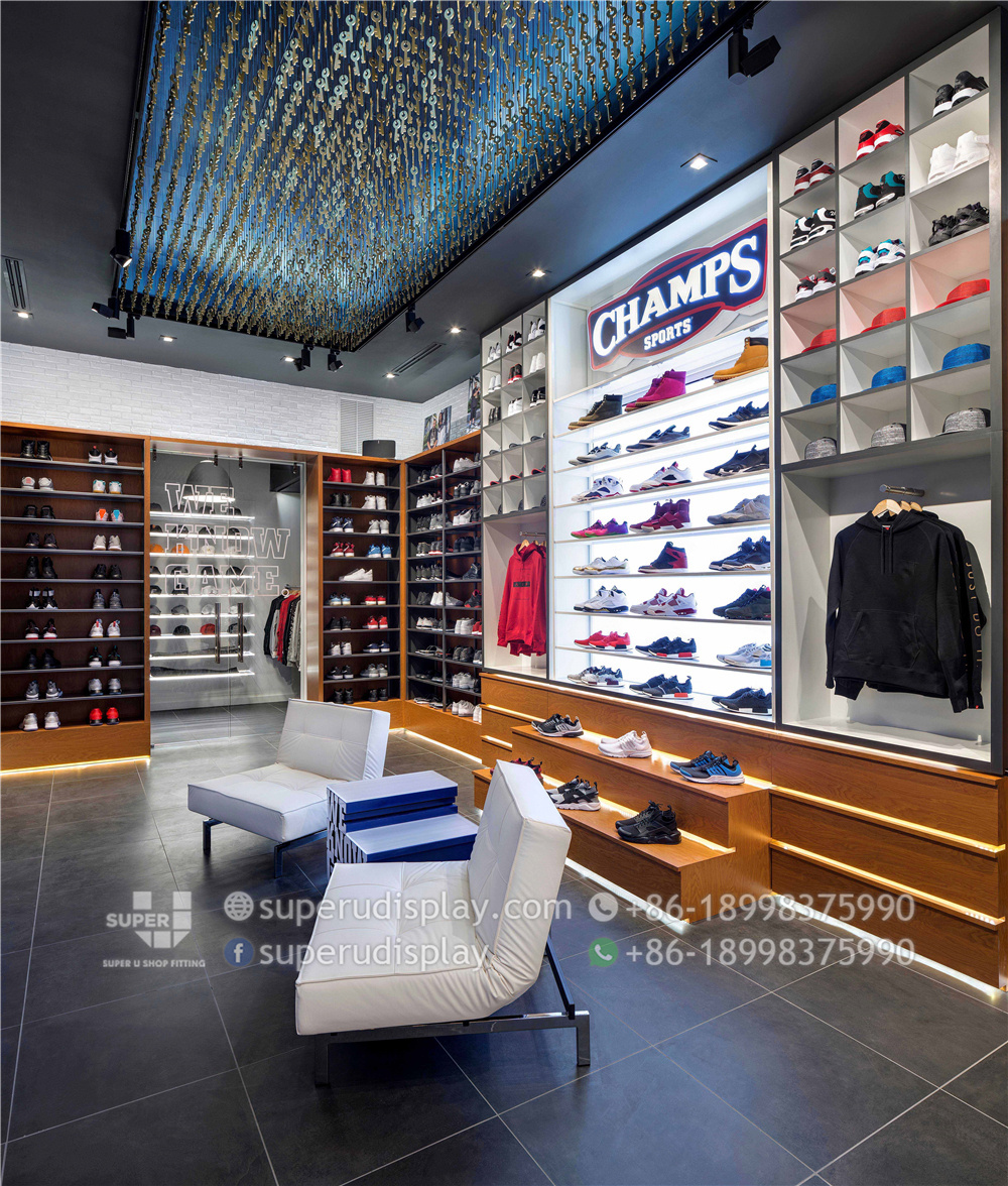 Interior Design Sports Shoes Shop Creative Display Top Quality Free Standing Sport Shoes Display Wall Shelf Design